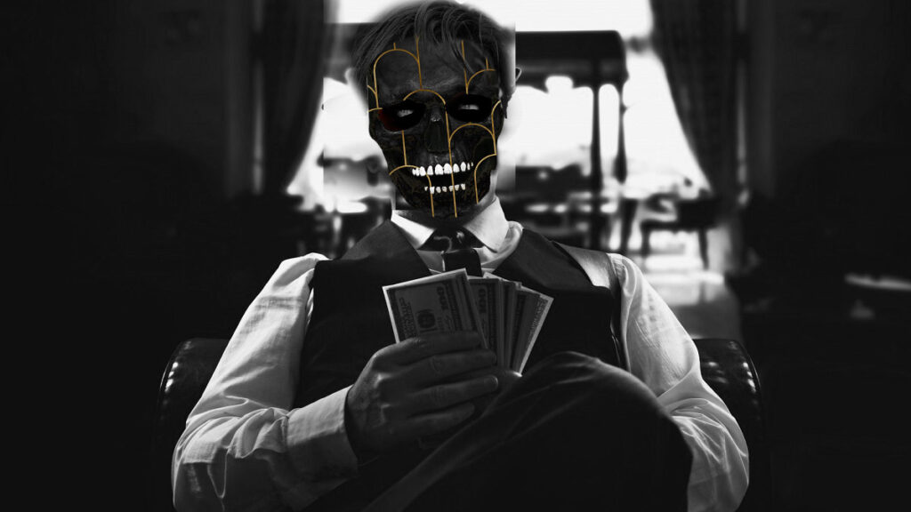 Black Mask in a vest in an office, holding large USD bills.